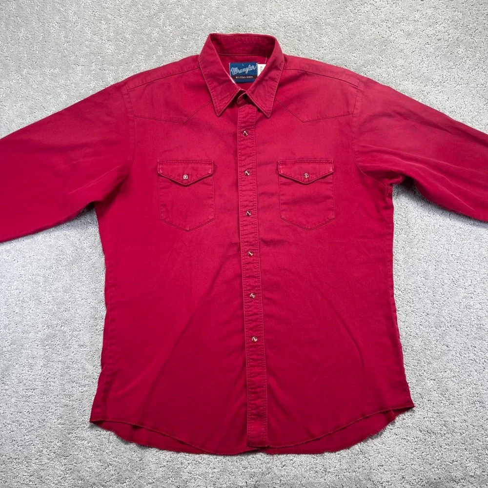 VINTAGE Wrangler Western Shirt Mens Large Red Faded Distressed Pearl Snap Cotton